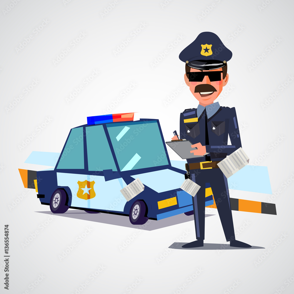 Police officer writing ticket with police car. character design