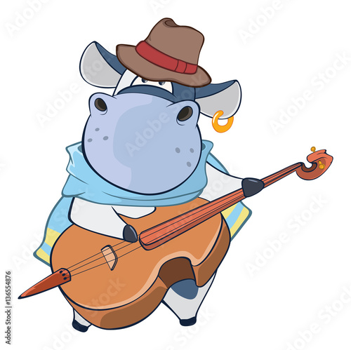 Illustration of a Cute Cow Violinist Jazz Bassist. Cartoon Character