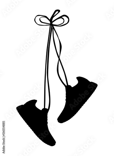 Stylish black sneakers for training with long laces on white background, vector, illustration,