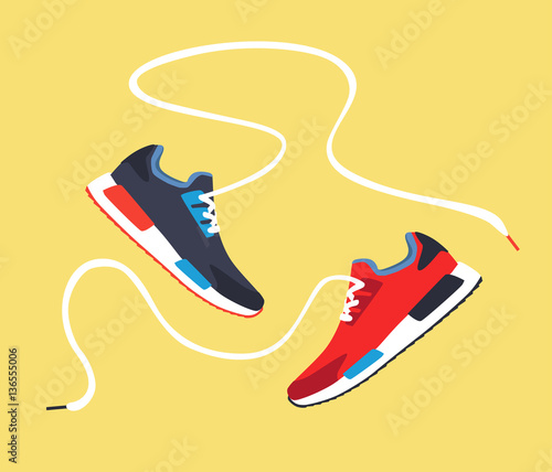 Stylish colored sneakers for training with long laces on yellow background, vector, illustration,