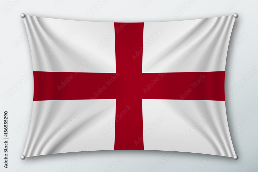 Fototapeta premium England national flag. Symbol of the country on a stretched fabric with waves attached with pins. Realistic vector illustration.