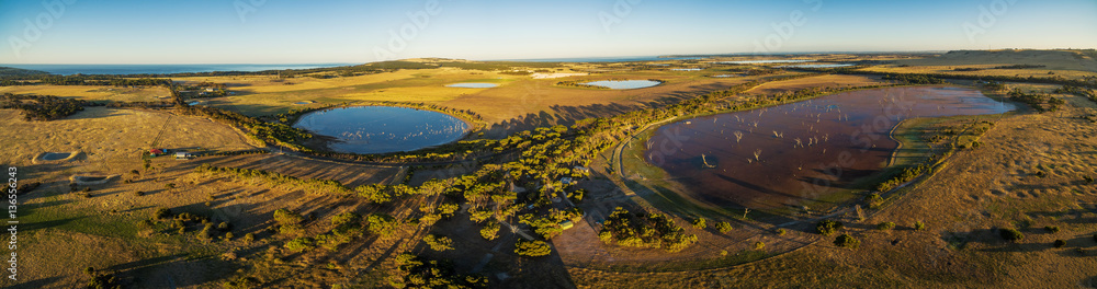 Aerial panorama of Discovery Lagoon swamp at sunset. Kangaroo Island, South Australia