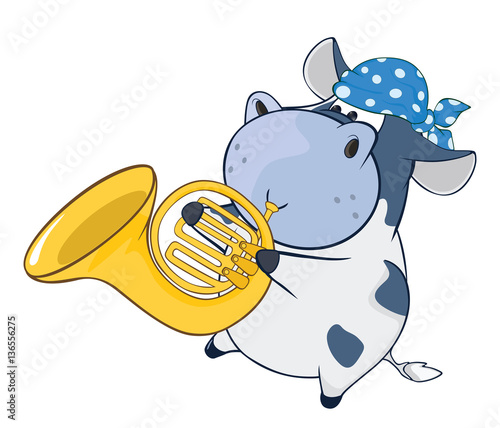 Illustration of a Cute Cow Trumpeter. Cartoon Character
