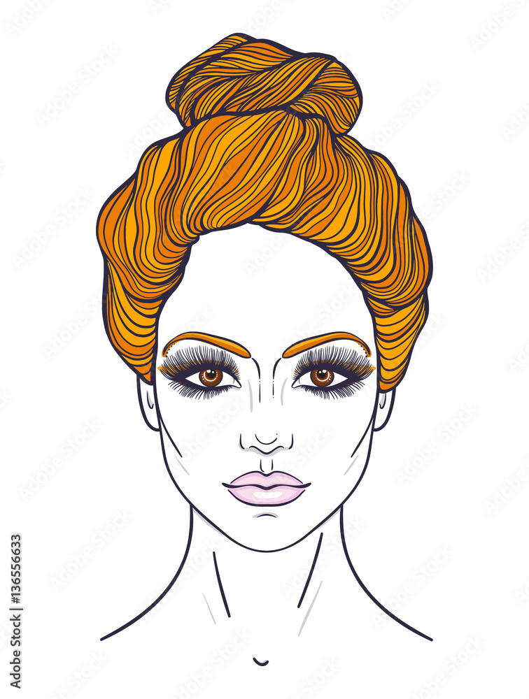 Beautiful girl face with top knot hair style, make up and neutral expression. Hand drawn woman portrait stylized in lines. Decorative vector illustration Beautiful girl face with top knot hair style, make up and neutral expression. Hand drawn woman portrait stylized in lines. Decorative vector illustration