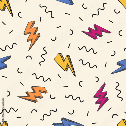 Vector abstract retro pattern with lightning bolts and geometric elements. Trendy memphis thunder background in comics style