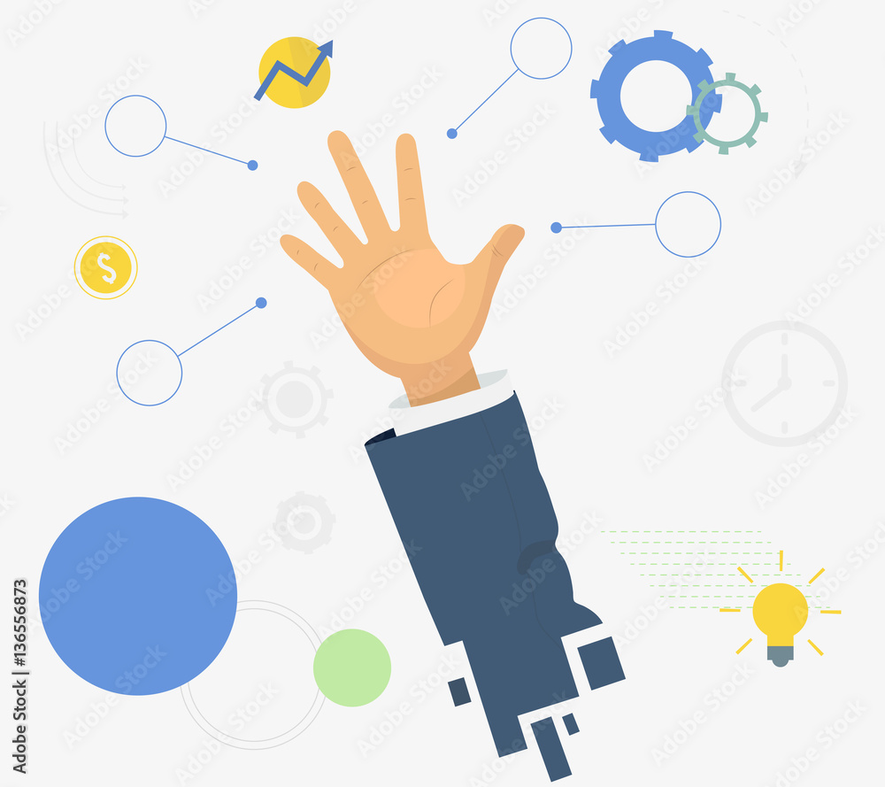 Open palm of businessman hand with formal suit sleeve. Hand with business items flat illustration. Open palm of businessman hand with formal suit sleeve. Hand with business items flat illustration.
