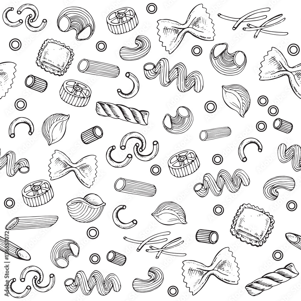 hand drawn set pasta seamless pattern on the white background