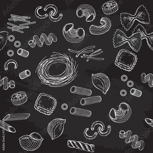 hand drawn set pasta collection on the black background seamless