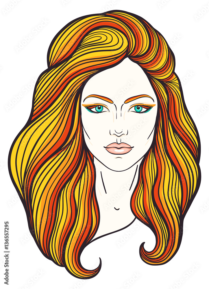 Beautiful girl face with long hair and neutral expression. Hand drawn woman portrait stylized in lines. Decorative vector illustration Beautiful girl face with long hair and neutral expression. Hand drawn woman portrait stylized in lines. Decorative vector illustration