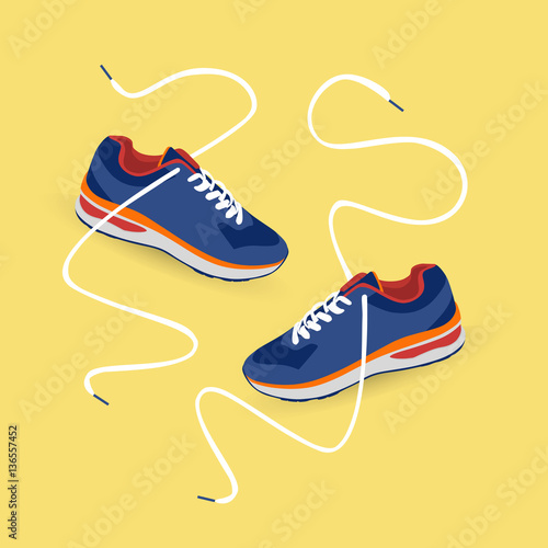 Stylish blue sneakers for running with long laces on yellow background, vector, illustration,