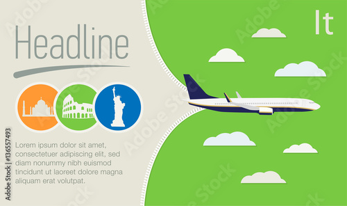 Tourism, Travel Agency poster. Airplane in the green sky