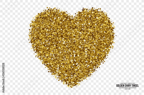 Golden Shiny Tinsel Square Particles Abstract Vector Heart on Transparent Background. Valentine's Day Illustration. Celebration, holidays and party design element
