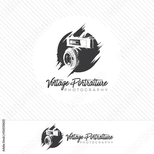 abstract silhouette photography logo. Vintage style camera icon vector with photographer holding a lens.