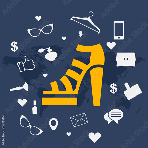 female open toe shoe with fashion objects and trendy accessories with world map on background, vector, illustration