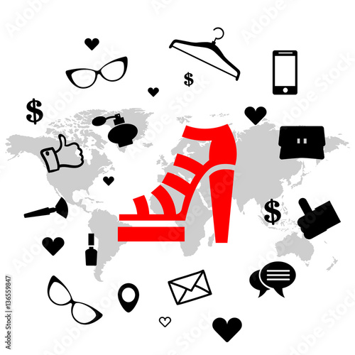 female open toe shoe with fashion objects and trendy accessories with world map on background, vector, illustration
