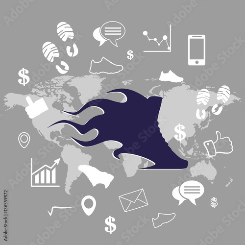 business icons on world map background, vector, illustration