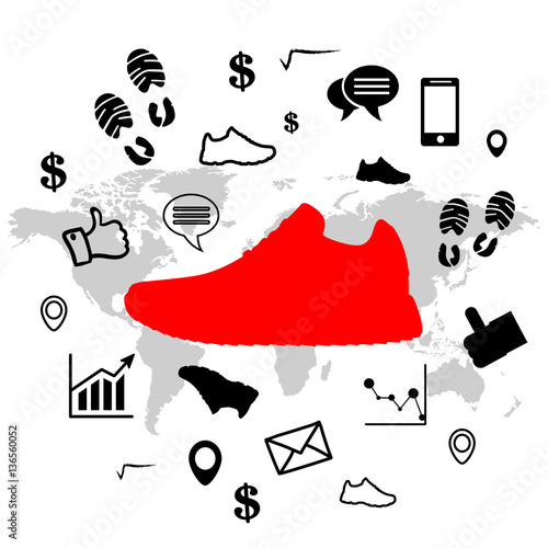 sneaker  and business icons with world map on background, vector, illustration