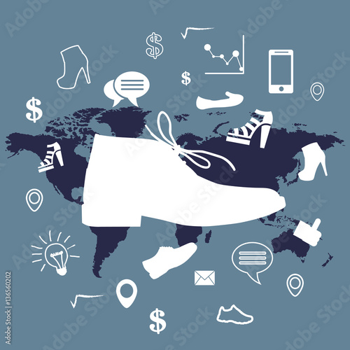 male chukka boot and business icons with world map on background, vector, illustration