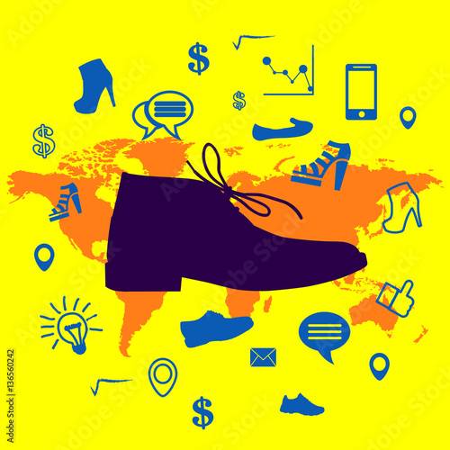 male chukka boot and business icons with world map on background, vector, illustration