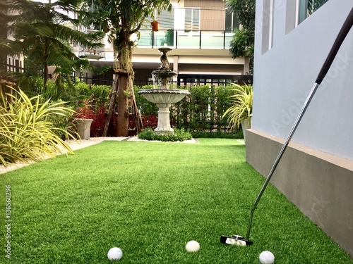 Home golf course, architecture design of grass field around home, artificial grass