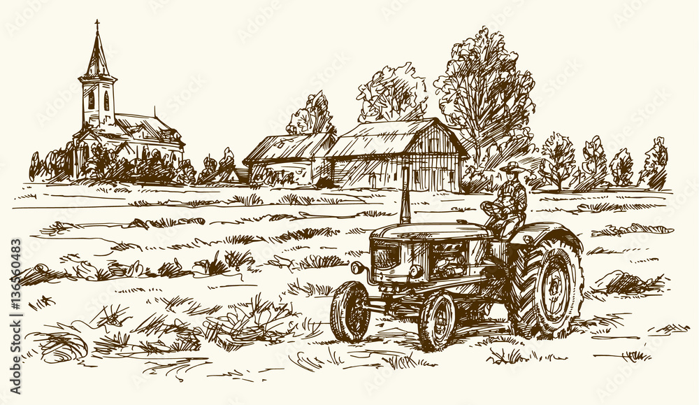 Fototapeta premium Tractor collecting haystack in the field. Hand drawn vector illu