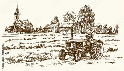 Tractor collecting haystack in the field. Hand drawn vector illu