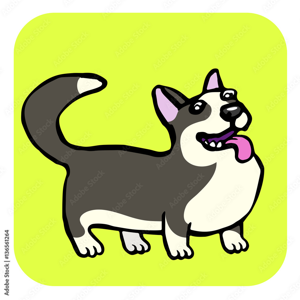 Corgi Dog Isolated Vector Illustration. Funny Cartoon Fur. Contour Freehand Digital Drawing Cute Character. Cheerful Pet for Web Icons and Shirt.