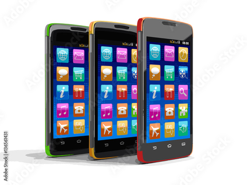 Touchscreen smartphones with pictograms. Image with clipping path.