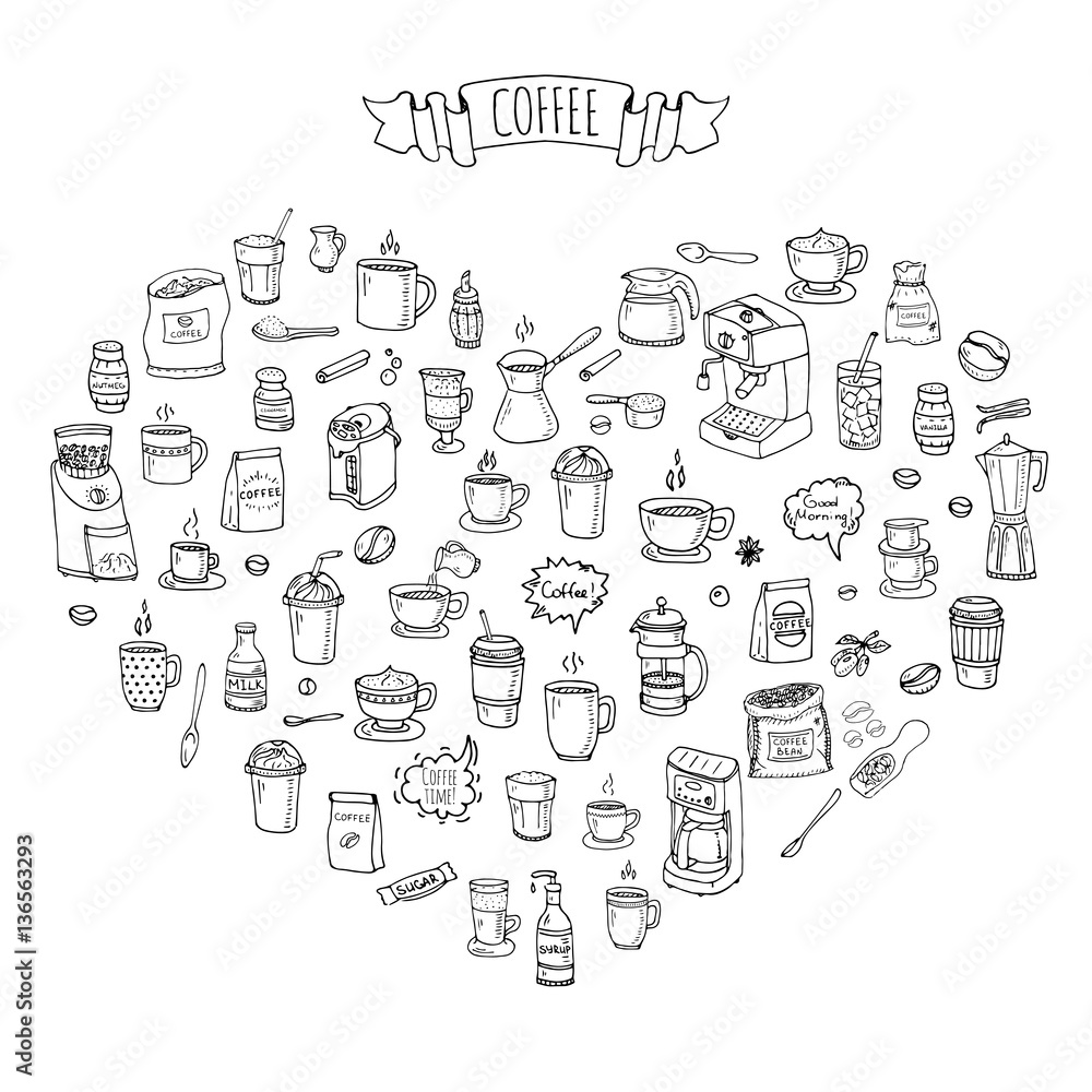 Hand drawn doodle Coffee time icon set Vector illustration isolated ...