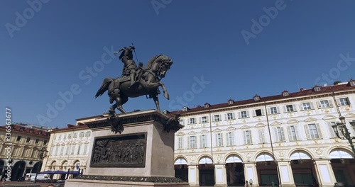 The equestrian statue of Emmanuel Philibert, Duke of Savoy, by Carlo Marochetti (1838) located in Piazza San Carlo, one of the main city squares in Turin.