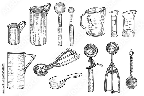 Kitchen utensil set illsutration, drawing, engraving, line art