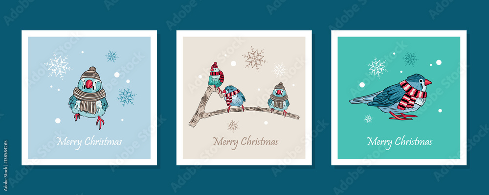 vector cards with cute birds warm dressed in winter season