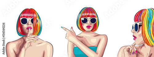 vector set of three beautiful women wearing colorful wig