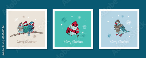 vector cards with cute birds warm dressed in winter season