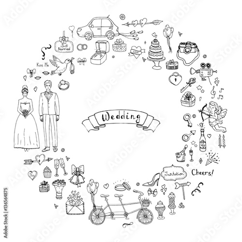 Hand drawn doodle Wedding day collection Vector illustration Sketchy Marriage icons Big set of icons for Engagement, get married, love and romantic event Bride Groom Heart Cupid Ring Dove Car Tricycle