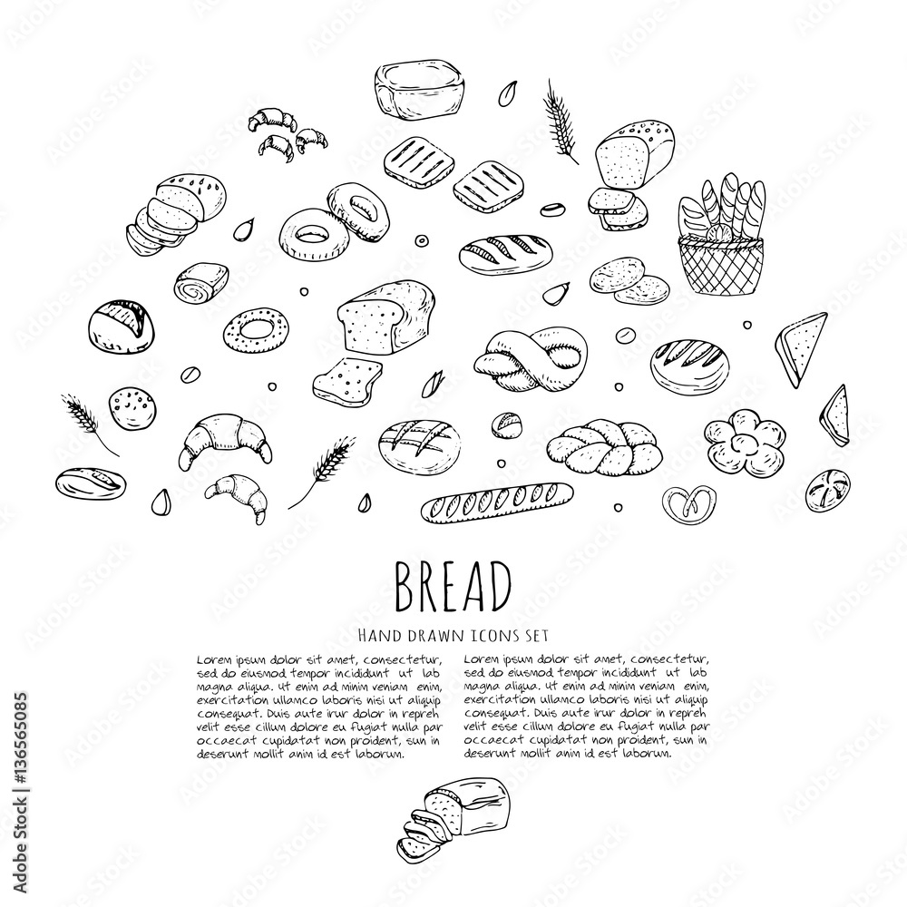 Hand drawn doodle set of cartoon food: rye, ciabatta, whole grain bread, bagel, sliced, french baguette, croissant, sweet, salty etc Bread set Vector illustration Sketchy bakery elements collection Hand drawn doodle set of cartoon food: rye, ciabatta, whole grain bread, bagel, sliced, french baguette, croissant, sweet, salty etc Bread set Vector illustration Sketchy bakery elements collection