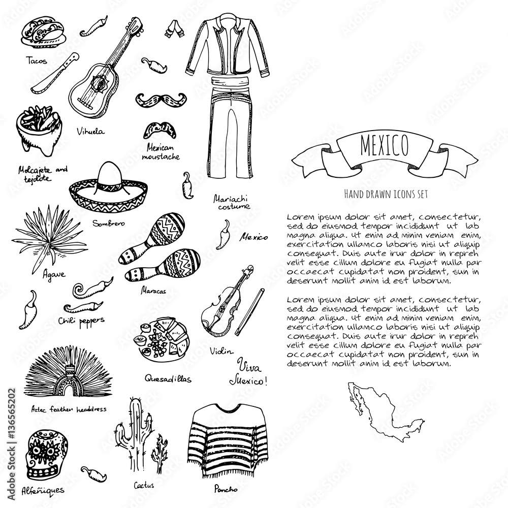 Hand drawn doodle Mexico set Vector illustration Sketchy mexican food icons United Mexican States elements Flag Maracas Sombrero Viva Mexico Maya Pyramid Aztec Tequila Agave Mariachi Poncho Guacamole