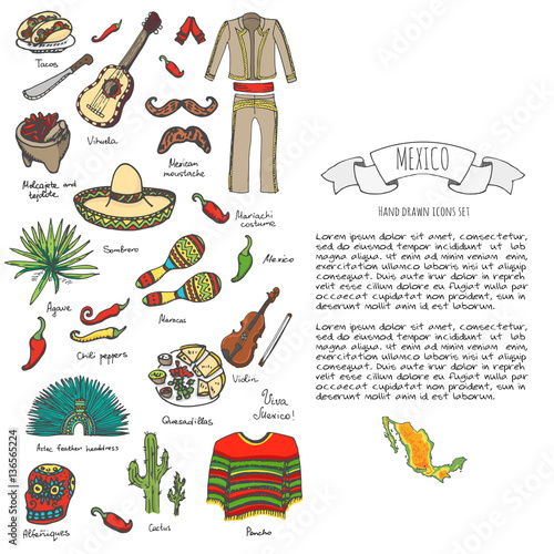 Hand drawn doodle Mexico set Vector illustration Sketchy mexican food icons United Mexican States elements Flag Maracas Sombrero Viva Mexico Maya Pyramid Aztec Tequila Agave Mariachi Poncho Guacamole