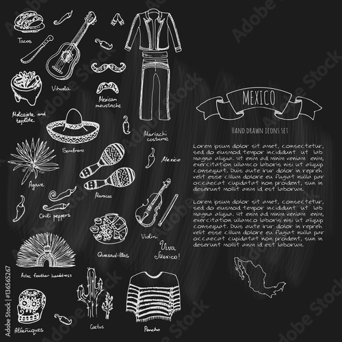 Hand drawn doodle Mexico set Vector illustration Sketchy mexican food icons United Mexican States elements Flag Maracas Sombrero Viva Mexico Maya Pyramid Aztec Tequila Agave Mariachi Poncho Guacamole