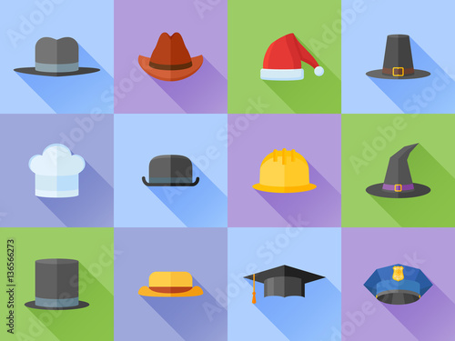 Set of hats flat style icons with long shadow. Vector illustration.