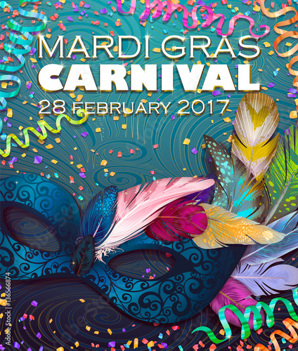 Realistic carnival mask wather for Mardi Gras invitation flyers, web banner, separated editable elements under mask. Vector illustration,colorful background. Mardi Gras Carnival 28 february 2017