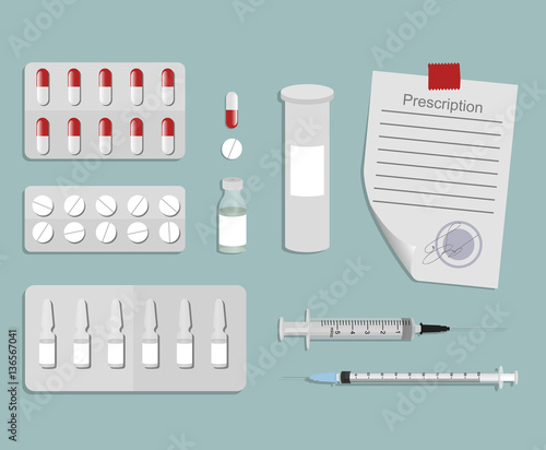 drugs image - syringes, pills, ampoules, prescription