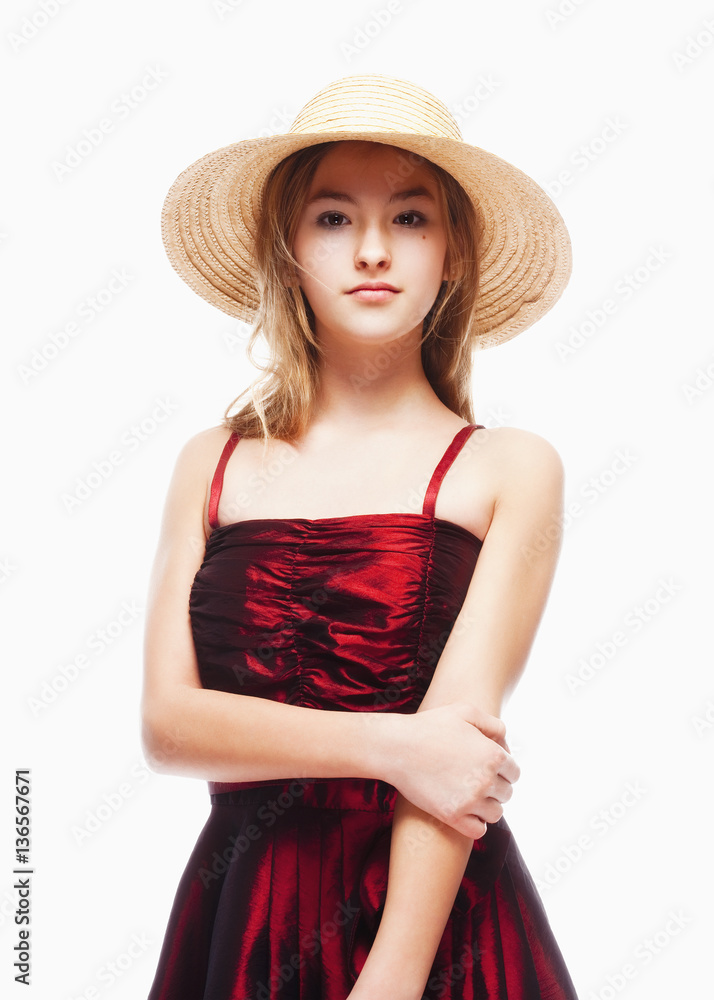 Girl in Red Dress and Stray Hat on her Head Girl in Red Dress and Stray Hat on her Head