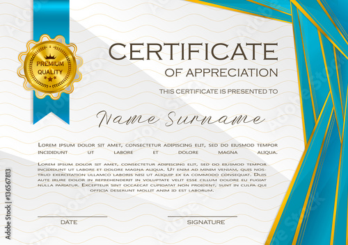 Qualification Certificate of appreciation, design. Elegant luxury and modern pattern, best quality award template with white and golden tapes, shapes, badge. Vector illustration