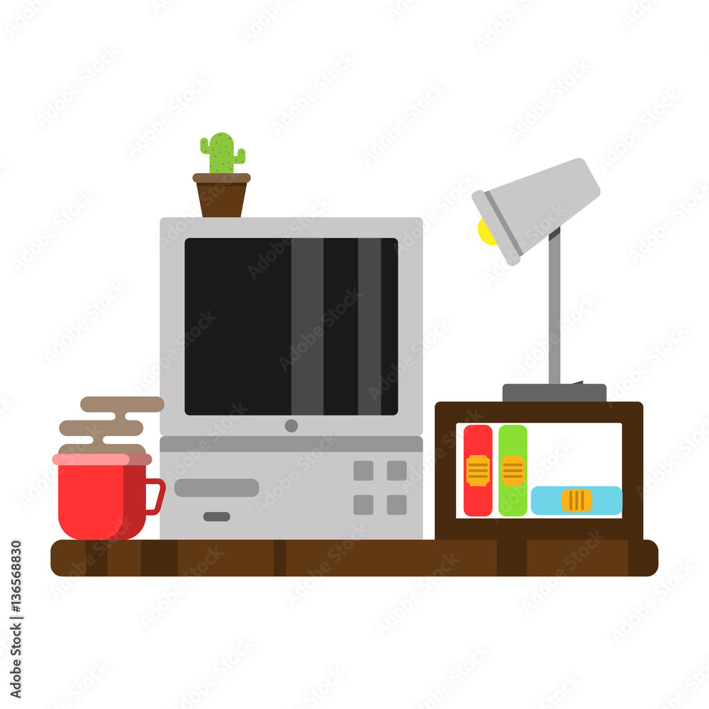 work at home,freelance,old computer and books, objects on a table, flat design,vector image, a workplace work at home,freelance,old computer and books, objects on a table, flat design,vector image, a workplace