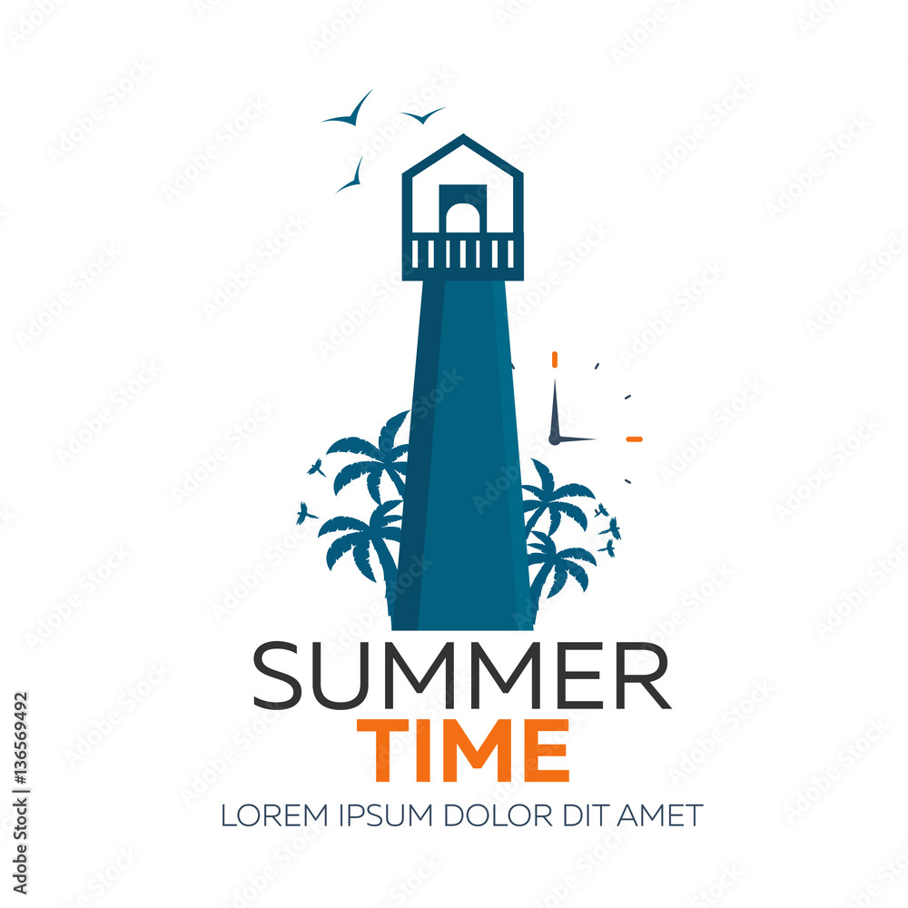 Summer time logo. Lighthouse with palm. Vector flat illustration. Summer time logo. Lighthouse with palm. Vector flat illustration.