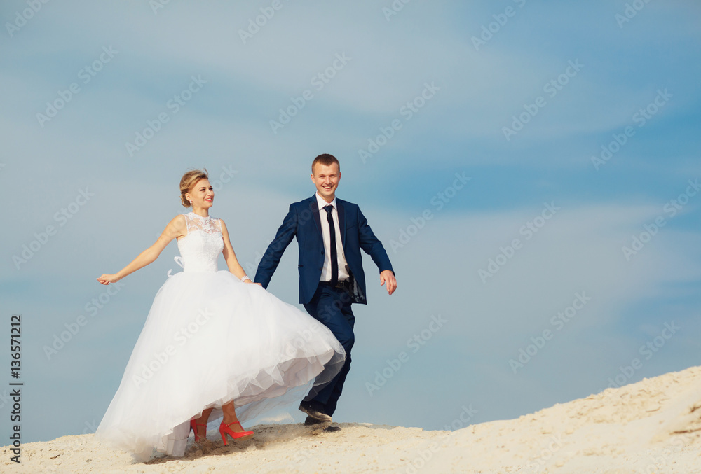 Joyful newlyweds are walking on the sand Joyful newlyweds are walking on the sand
