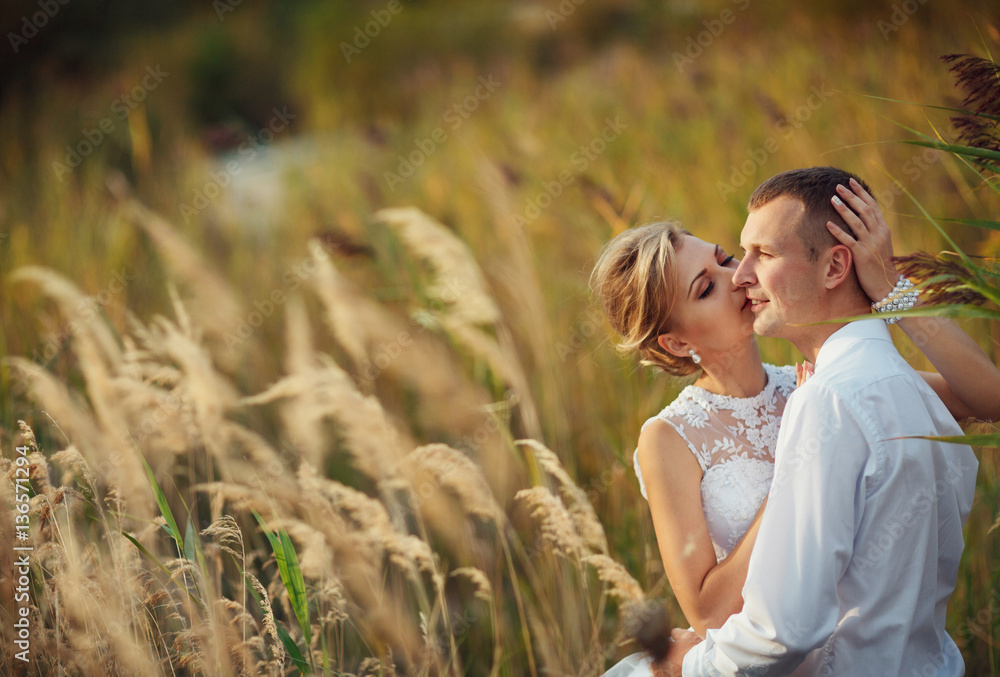 Bride is kissing a groom in the steppe Bride is kissing a groom in the steppe