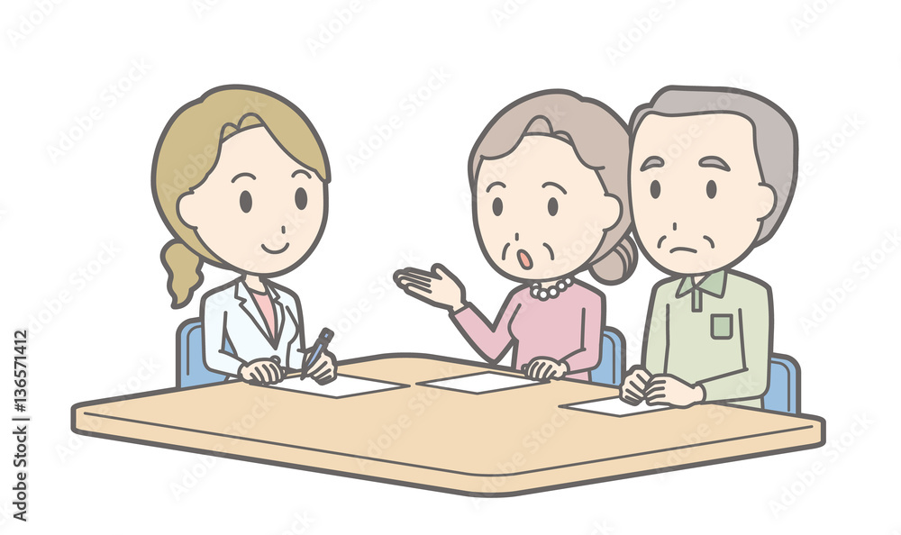 Illustration that an elderly couple receiving counseling by a fe Illustration that an elderly couple receiving counseling by a fe