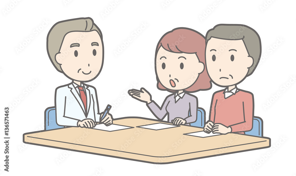 Illustration that middle-aged couple receiving counseling by a m Illustration that middle-aged couple receiving counseling by a m